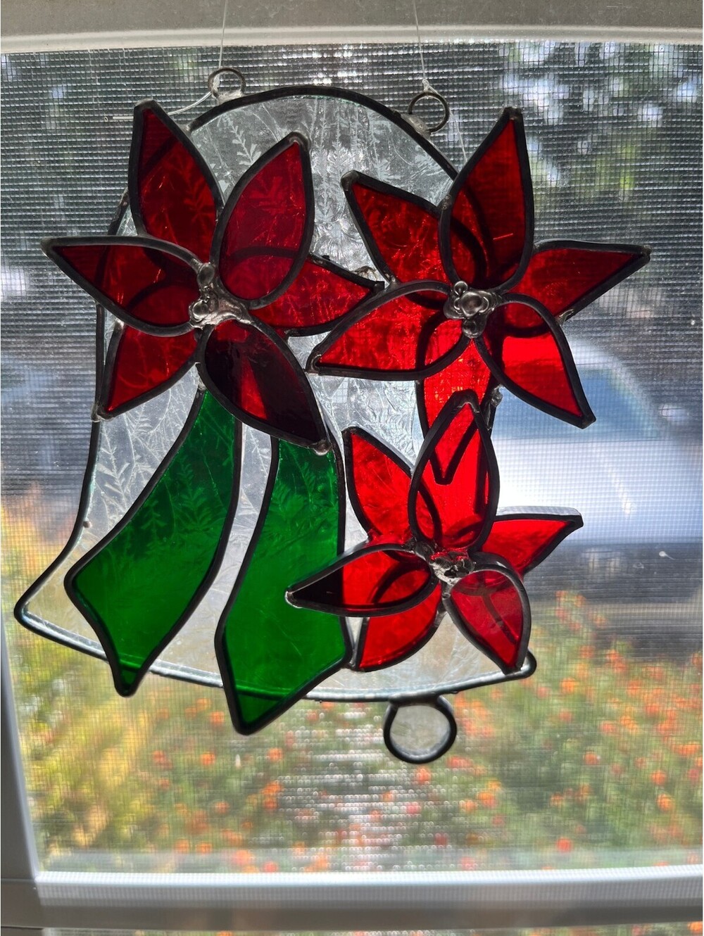 Stained Glass Christmas Bell Ornament Poinsettia Suncatcher 6x5.5"